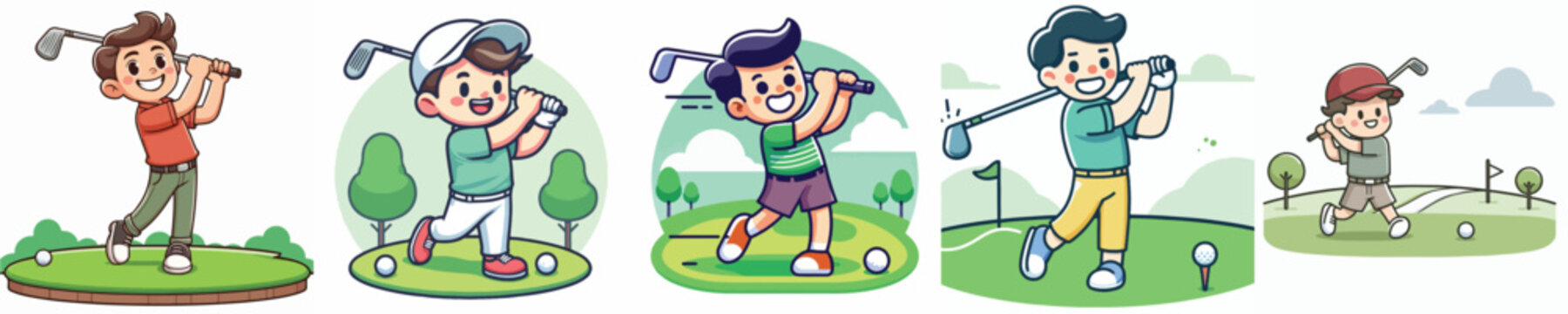 Kids playing golf vector illustration set, cute boy golfer character cartoon collection swinging club on the green field, junior golf training and sports concept elements isolated on white