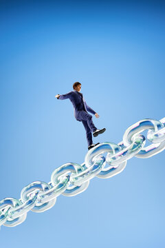 Businessman Balancing on Glass Chain 3D Risk Concept