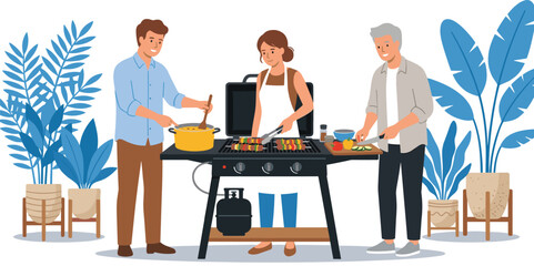 Fototapeta premium Happy friends cooking together at an outdoor backyard barbecue party grill with fresh food, vegetables, and tropical plants