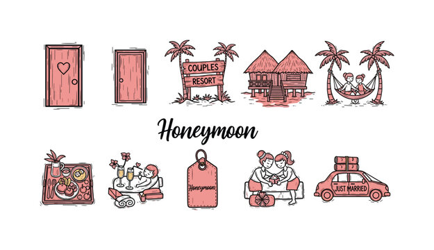 Collection of honeymoon icons depicting romantic getaways and newlywed celebrations