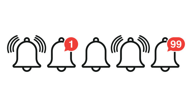 Online notification bell icon set displaying mute active unread and high message alert