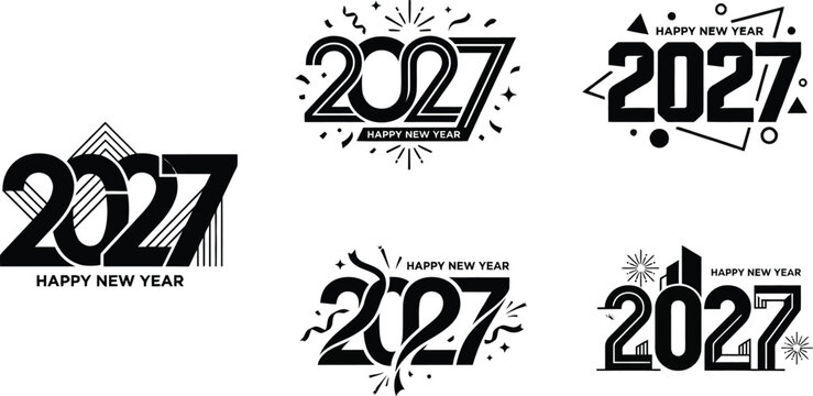 Happy New Year 2027 typographic designs with festive elements