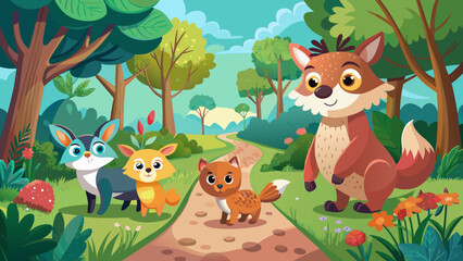 Obraz premium Happy Woodland Animals and Foxes Walking in a Green Forest Vector