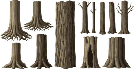 Tree trunk and root silhouettes vector illustration set collection isolated on white background © PixelForge Studio