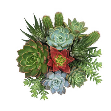 Top view of a small decorative succulent plant arrangement with various green and red leaves isolated on transparent background