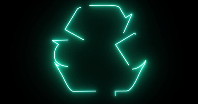 Neon Recycling Symbol Animation on Black Background, Glowing Green Eco Icon, Sustainable Environment Concept, Renewable Energy Technology Motion Graphics Loop in 4K