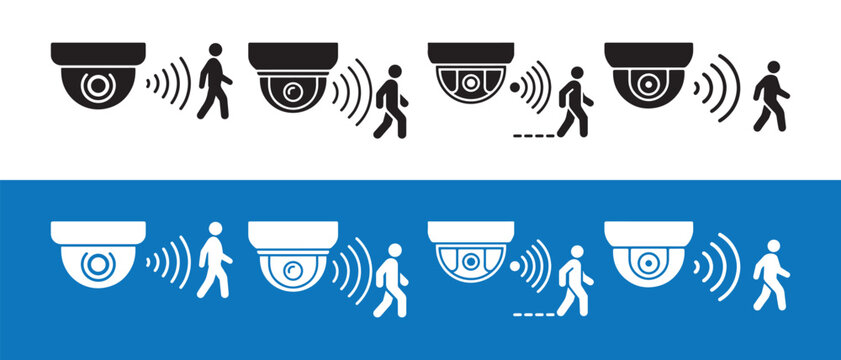 Security camera icons with motion detection sensor tracking a walking person for surveillance and safety systems.