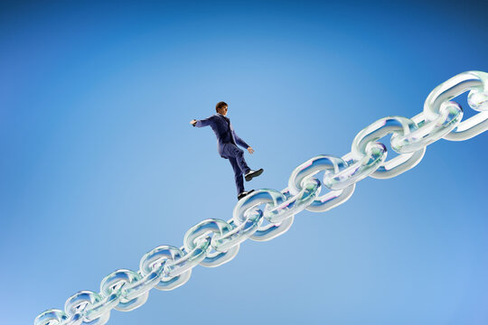 Businessman Balancing on Glass Chain 3D Risk Concept