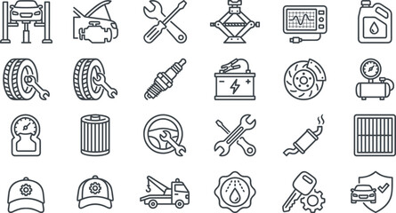 Car auto repair service icons set vector illustration featuring linear mechanic garage vehicle maintenance diagnostic tools elements. © MdNipon