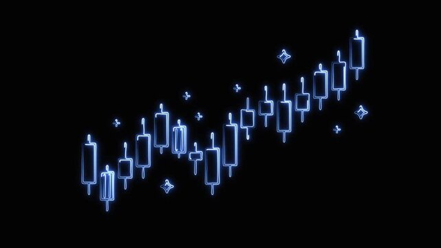 Candlestick pattern with glowing blue neon light path effect on plain black background