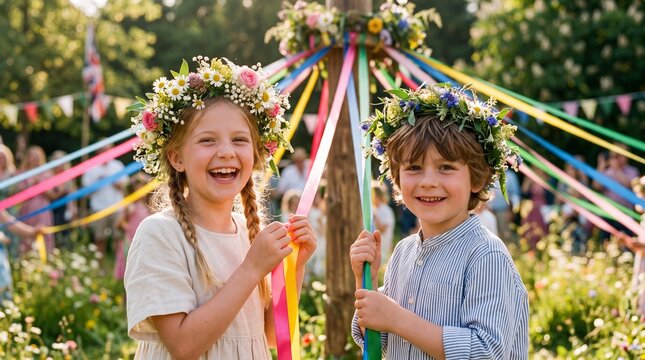Happy children with floral crowns holding ribbons at a spring maypole dance.