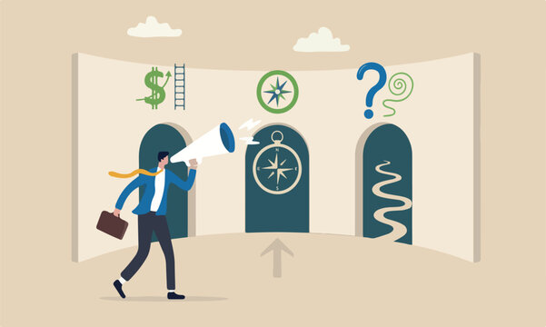 Choosing, pathway, decide for new job or select important chance, right or wrong decision concept, businessman think to choose the right door