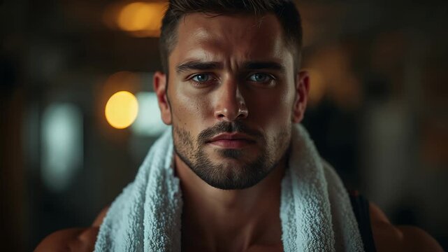 Muscular man with a white towel around his shoulders looking forward inside a dimly lit gym