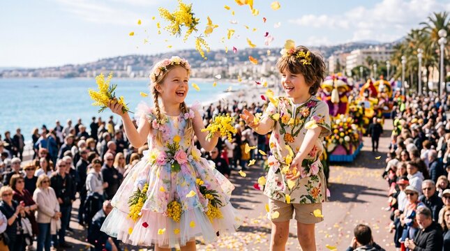 Joyful children throwing flower petals at the Nice Carnival parade by the sea.
