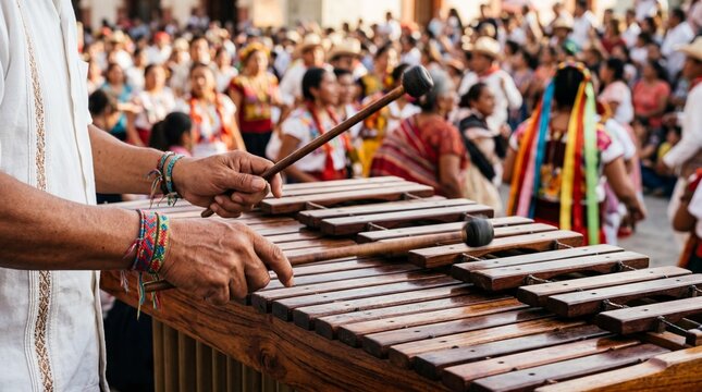 Musician playing traditional Oaxacan marimba during Guelaguetza festival