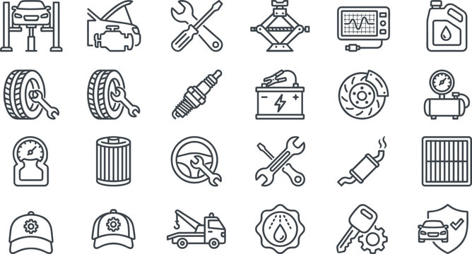 Car auto repair service icons set vector illustration featuring linear mechanic garage vehicle maintenance diagnostic tools elements.