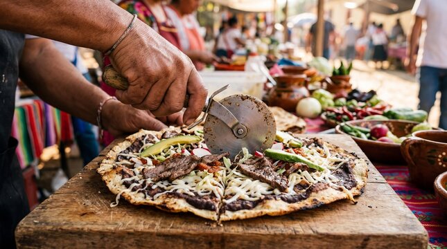 Cutting a traditional Mexican tlayuda with tasajo beef at an outdoor market