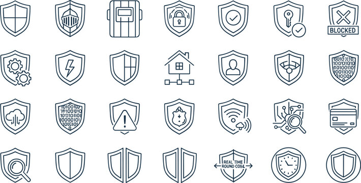 Cyber security shield icon set with data protection antivirus cloud network safety privacy online defense vector illustration