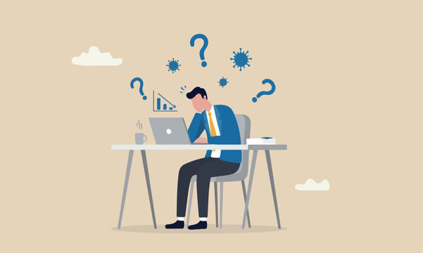 Boredom work from home in Coronavirus outbreak social distancing, stay home, boring low productivity concept, office guy working at home with computer laptop boring with COVID-19 virus pathogen