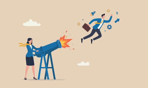 Coaching help boost career advancement, mentor or motivation to boost productivity, help or manager support for career development, entrepreneur launch, woman ignite cannon to launch businessman