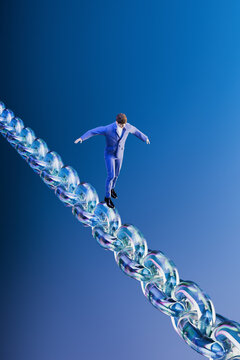 Businessman Balancing on Glass Chain 3D Risk Concept