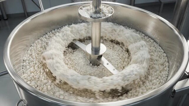 Highshear granulation scene showcasing rapid blending and densification of powders in a rotating bowl emphasizing efficient granule production for enhanced flow properties.