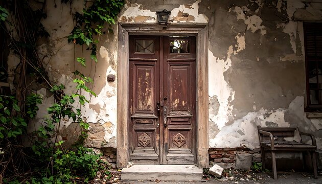 old wooden door with peeling wall.