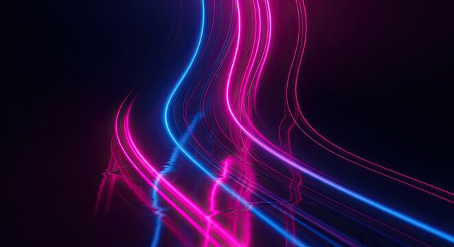 Abstract glowing neon pink and blue light trails background.