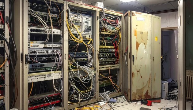 Messy server room with tangled wires and old equipment