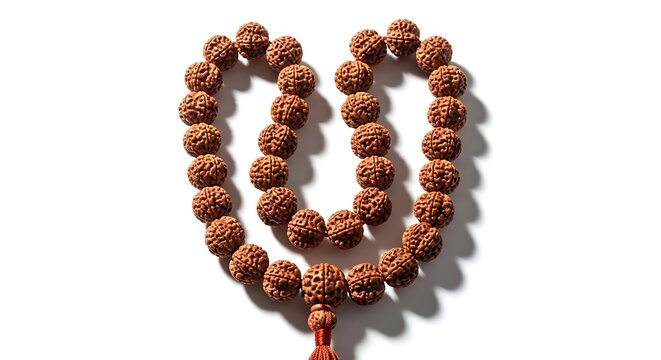 Natural Rudraksha Mala Beads Necklace on White Background