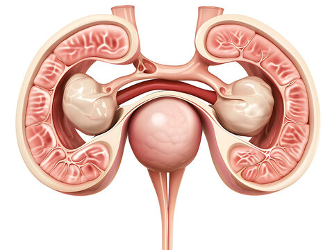 Visible structures: uterus (endometrium, myometrium, perimetrium), left and right fallopian tubes (uterine tubes) extending toward the ovaries, cervix connecting to the upper vagina, vaginal canal in 