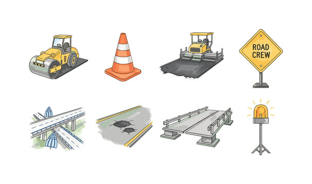 Collection of road construction and maintenance elements with cartoon style