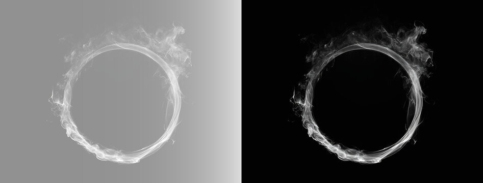 Abstract magical white smoke ring portal isolated on black and grey background, futuristic dual smoke circle overlay