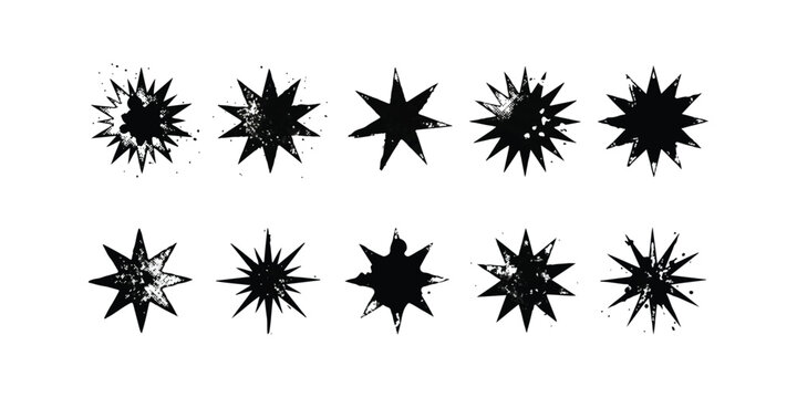 Set of ten black ink stamp stars with rough distressed textures and grunge shapes