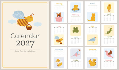 Cute Animals Calendar 2027 Template with Hand Drawn Cartoon Creatures © SV