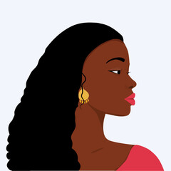 African Woman Profile Portrait Illustration with Long Curly Hair and Gold Earrings © SV