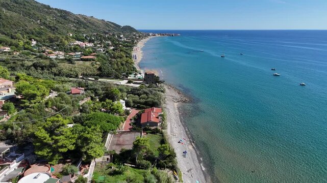 Panoramic summer view of Acciaroli coastline, Cilento region, Campania, Italy.