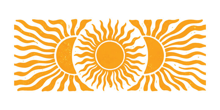 Orange sun and moon celestial pattern with wavy rays and vintage style