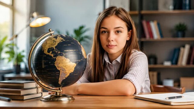 Young girl studying at desk with globe and books in office  