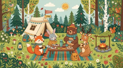 Naklejka premium Fox, rabbit, bear, and deer share a meal around a picnic table at their forest campsite