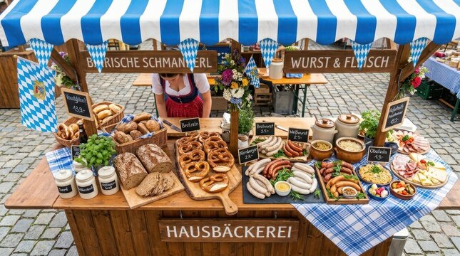 Traditional Bavarian food stall with sausages, pretzels, and bread