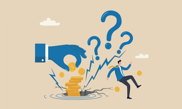 Investment illustratio minimal shading giant hand pull back money from coin stack causing investor to fall down