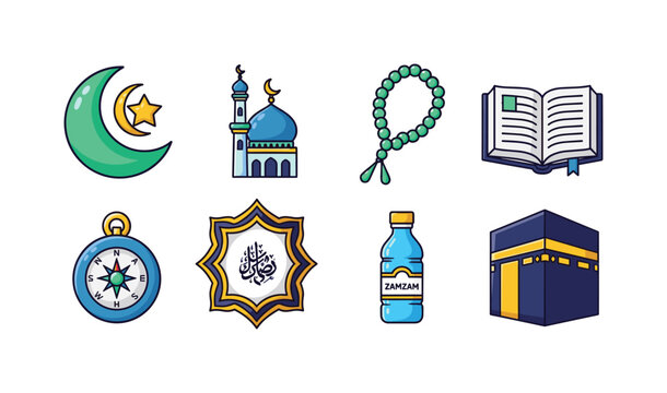 Islamic symbols collection: Kaaba, Quran, mosque, compass, rosary, Zamzam