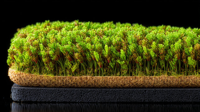 Macro side view of green artificial grass turf segment on dark background with artificial
