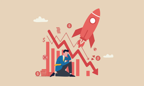 Capital investment, go down or decline, recession or economic slow down, stock market crisis concept, broke businessman investor on red decline graph and chart