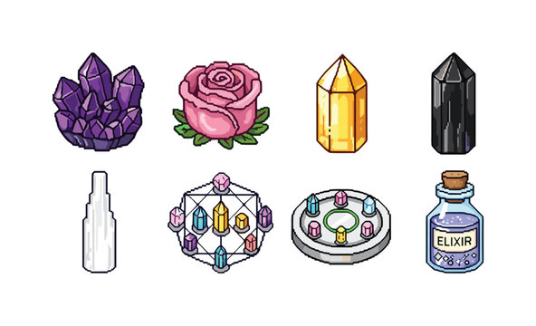 Pixel art collection of mystical and magical items including crystals, rose, and elixir