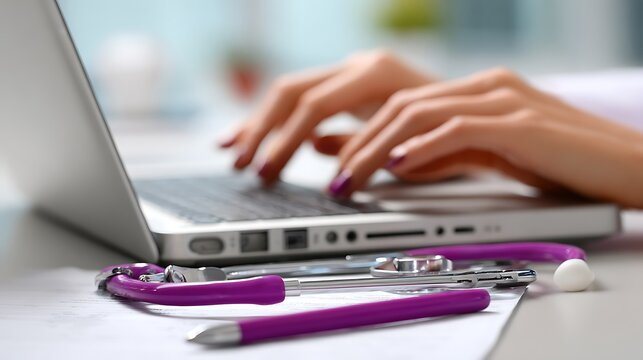 Person typing on purple laptop keyboard