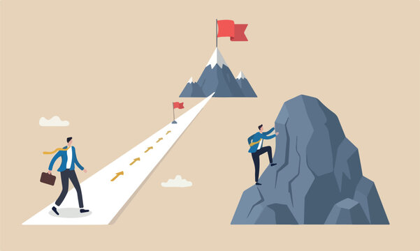 success to reach The style of the illustration is modern, flat design with clean lines and minimal shading business concept, businessmen compete easy and hard way to climb mountain