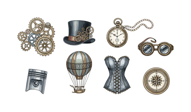 Collection of steampunk-themed objects including gears, hat, hot air balloon, and compass