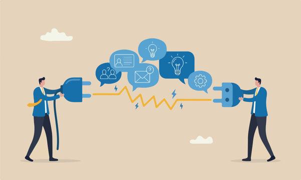 Communicate, to get new idea, collaboration or cooperate to success, connect idea for solution concept, businessman connect plug between conversation dialogue